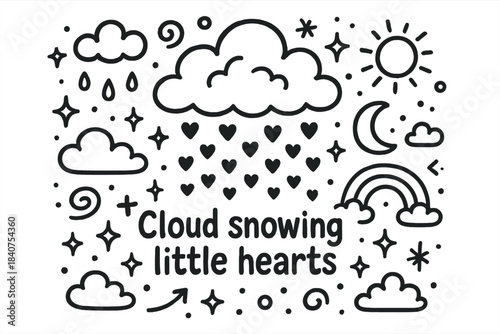 Hearts from the Cloud. Cloud snowing little hearts. Hand-drawn doodle illustration of cloud snowing little