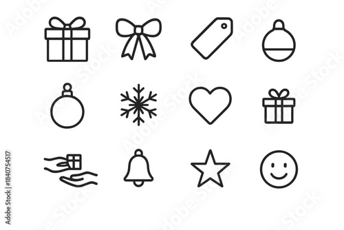 Handmade Gift Icons. Handmade Exchange. Line outline icon set of Handmade Exchange: gift box, ribbon, bow, tag