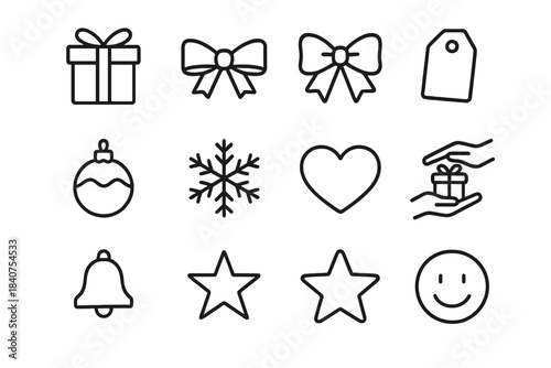 Handmade Gift Icons. Handmade Exchange. Line outline icon set of Handmade Exchange: gift box, ribbon, bow, tag