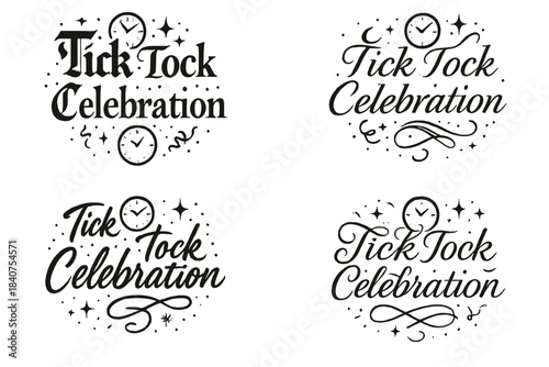 Tick Tock Artistry. Tick Tock Celebration. Create a calligraphy lettering illustration of the phrase: Tick