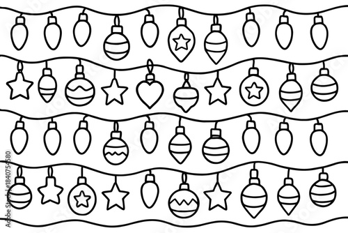 Festive Coloring Page. Christmas lights pattern children?s coloring book illustration, outlined drawing,