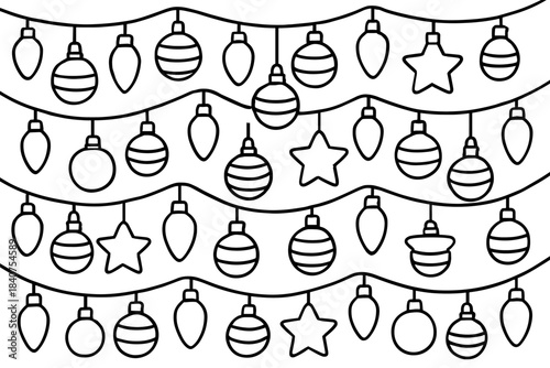 Festive Coloring Page. Christmas lights pattern children?s coloring book illustration, outlined drawing,