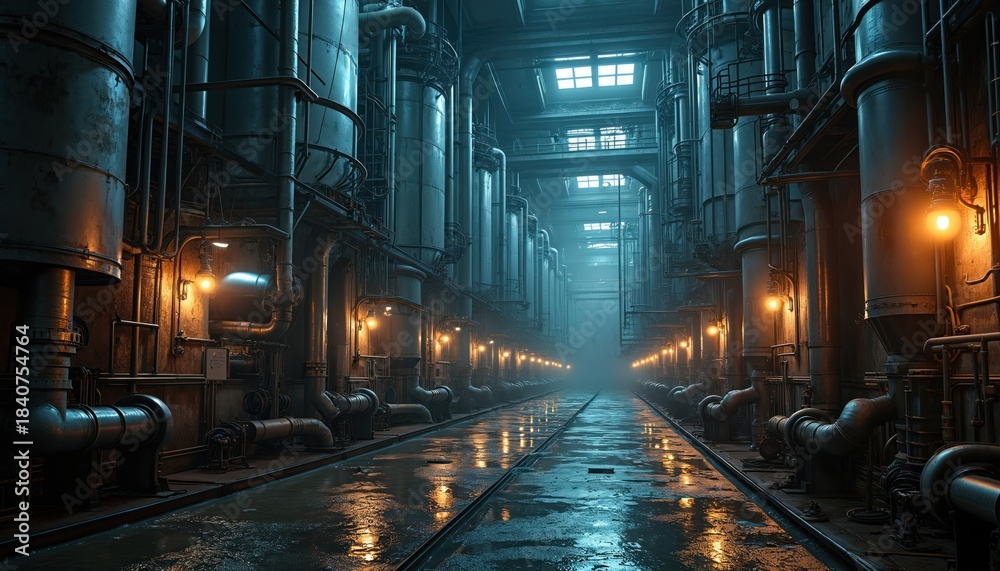 Fototapeta premium Vast industrial complex with numerous large metal pipes and machinery. Dimly lit underground facility with wet floors reflecting orange lights. Power generation, water treatment, or factory interior.