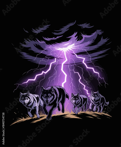 Image of four wolves with dark fur aggressively.