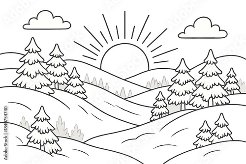 Kids' Snowy Coloring Fun. Frosty hills at dawn children?s coloring book illustration, outlined drawing, hills