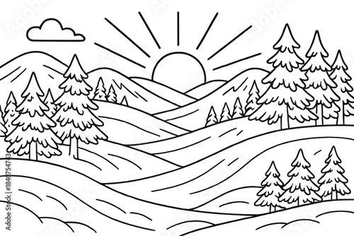 Kids' Snowy Coloring Fun. Frosty hills at dawn children?s coloring book illustration, outlined drawing, hills
