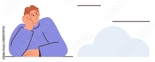 Person resting chin on hand, staring at large cloud shape. Ideal for creativity, relaxation, daydreaming, problem-solving, reflection, imagination inspiration. Simple flat metaphor
