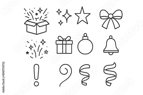 Festive Icon Set. Festive Surprise Package. Line outline icon set of Festive Surprise Package: popping gift