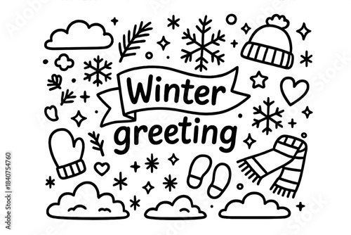 Winter Doodle Art. Winter greeting. Hand-drawn doodle illustration of winter greeting. Banner, snowflakes,