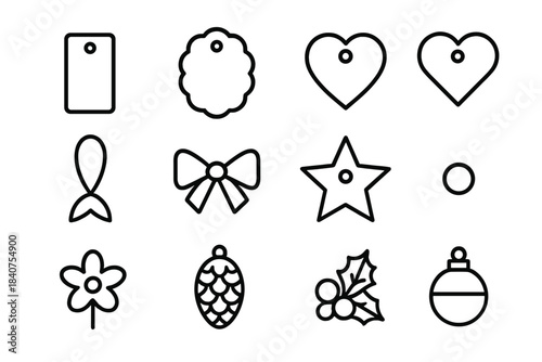 Classic Holiday Icons. Classic Holiday Tags. Line outline icon set of Classic Holiday Tags: rectangular tag,