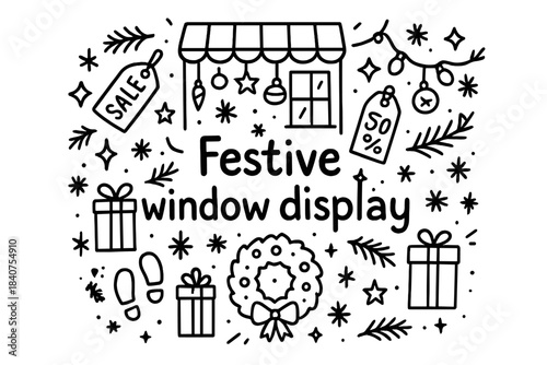 Festive Window Doodle. Festive window display. Hand-drawn doodle illustration of festive window display.