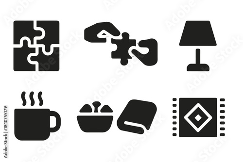 Puzzle Night Icons. Puzzle night icons. Filled icon set of puzzle night icons: jigsaw puzzle, hands placing