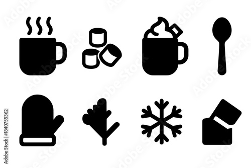 Frosty Beverage Icons. Frosty beverage. Filled icon set of frosty beverage: mug, steam, marshmallows, whipped