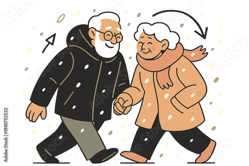 Elderly Winter Companionship. Gentle companionship. Elderly couple smiling and holding hands, bundled in