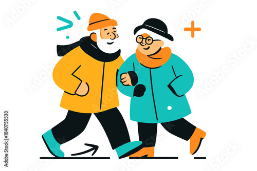 Winter Walk Joy. Winter stroll. Elderly couple in cozy coats and hats walking together with smiles, light snow
