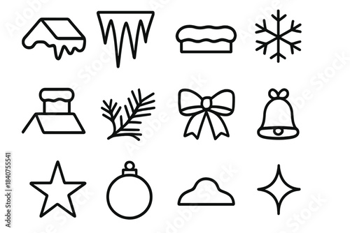 Winter Rooftop Icons. Winter Rooftops. Line outline icon set of Winter Rooftops: roof, hanging icicles, snow