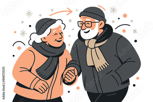 Elderly Winter Companionship. Gentle companionship. Elderly couple smiling and holding hands, bundled in