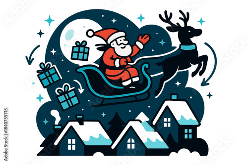 Magical Santa Sleigh. Winter night delivery. Santa?s sleigh flying across snow-tipped rooftops under a full