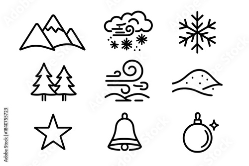 Snowy Mountain Icon Set. Snowy Mountain Scene. Line outline icon set of Snowy Mountain Scene: mountain peaks,