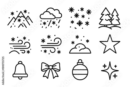 Christmas Blizzard Icons. Christmas Blizzard. Line outline icon set of Christmas Blizzard: mountain peaks,