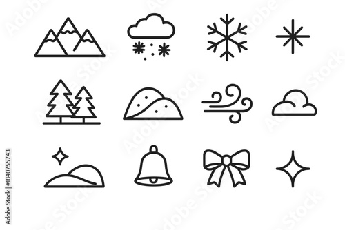 Snowy Mountain Icon Set. Snowy Mountain Scene. Line outline icon set of Snowy Mountain Scene: mountain peaks,