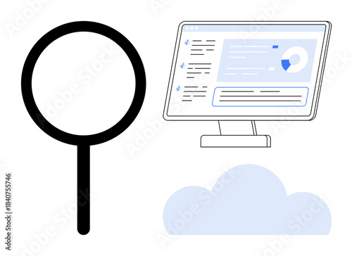 Data analysis, cloud computing, technology, research, information retrieval, digital solutions. Magnifying glass, computer monitor and cloud icon. Data analysis and cloud computing concept
