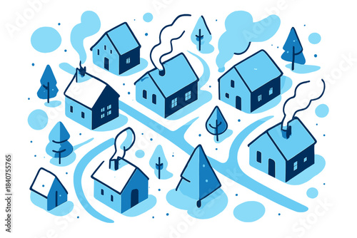 Quaint Snowy Village. Snow-Covered Village from Above. A top-down view of a quaint village blanketed in fresh