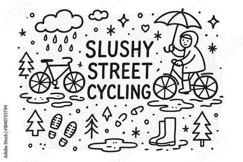 Slushy Street Adventure. Slushy street cycling. Hand-drawn doodle illustration of Slushy street cycling.