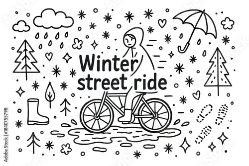 Winter Street Ride Doodle. Winter street ride. Hand-drawn doodle illustration of Winter street ride. cyclist,