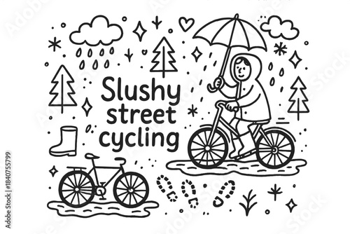 Slushy Street Adventure. Slushy street cycling. Hand-drawn doodle illustration of Slushy street cycling.