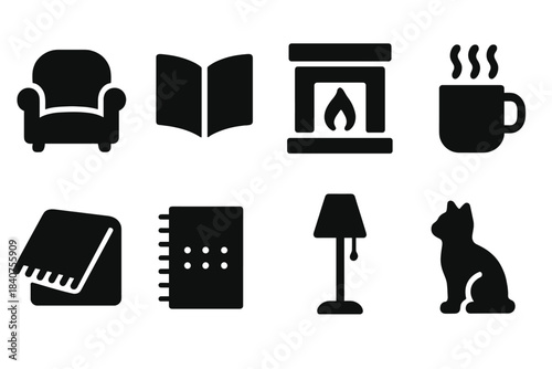 Cozy Reading Icons. Cozy reading. Filled icon set of cozy reading: armchair, open book, fireplace, steaming