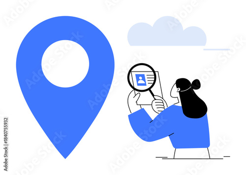 Geolocation concept. Geolocation with a map pin and a user analyzing personal data. Geolocation supports location tracking, identity verification, navigation, digital security, and data analysis