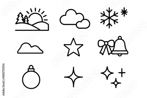 Winter Sunrise Icons. Winter Sunrise Over the Hills. Line outline icon set of Winter Sunrise Over the Hills: