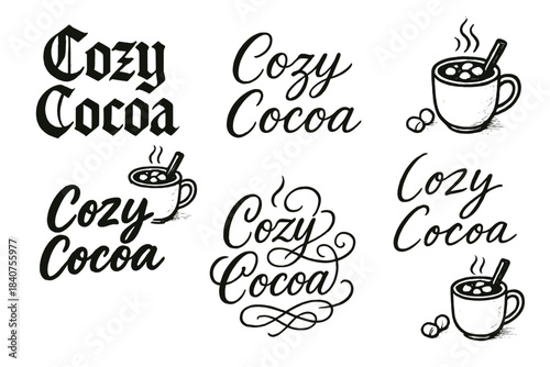 Cozy Cocoa Calligraphy. Cozy Cocoa. Create a calligraphy lettering illustration of the phrase: Cozy Cocoa.