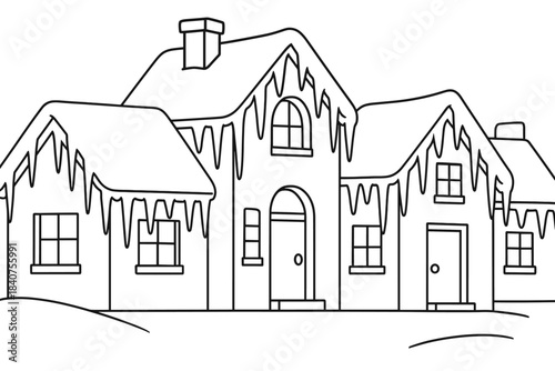 Icicles Coloring Fun. Icicles hanging from rooftops children?s coloring book illustration, outlined drawing,