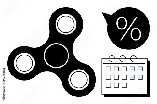 Black fidget spinner, percentage sign in a speech bubble, and calendar with highlighted dates. Ideal for focus, stress relief, productivity tracking, planning, organization, time management simple