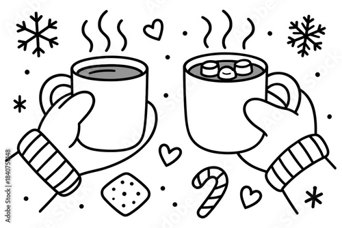 Winter Drink Coloring Page. Cozy winter drinks children?s coloring book illustration, outlined drawing,