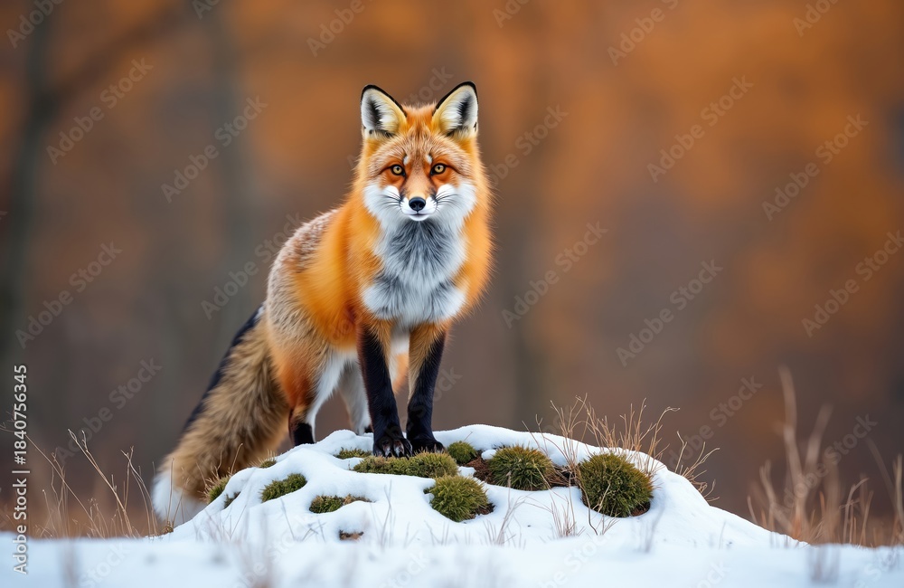 Naklejka premium Red fox stands on snow covered mound with blurred warm orange background. Wild canid is alert and looking forward with bushy tail visible. This furry predator has thick winter coat for survival.