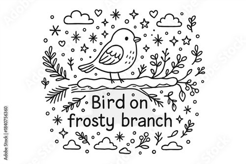 Bird on Frosty Branch. Bird on frosty branch. Hand-drawn doodle illustration of Bird on frosty branch. bird,