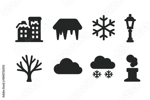 Winter Urban Icons. Winter urban view. Filled icon set of winter urban view: city buildings, frost-covered