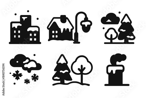 Snowy Skyline Icons. Snow-covered skyline. Filled icon set of snow-covered skyline: city buildings, frosty