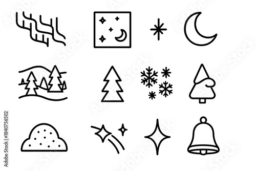 Aurora Icon Set. Winter Night Sky with Aurora Borealis. Line outline icon set of Winter Night Sky with Aurora