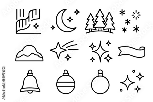 Winter Aurora Icons. Winter Aurora. Line outline icon set of Winter Aurora: aurora lights, crescent moon,