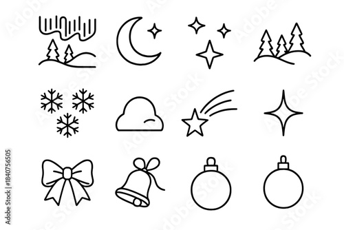 Aurora Borealis Icon Set. Holiday Aurora Borealis. Line outline icon set of Holiday Aurora Borealis: aurora