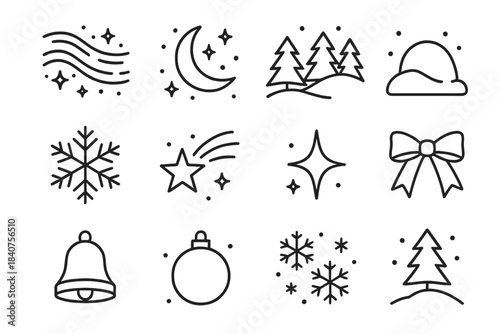 Christmas Icon Set. Christmas Night Aurora. Line outline icon set of Christmas Night Aurora: aurora waves,