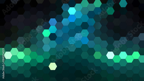 4K abstract hexagon mosaic background in green tones, featuring a geometric honeycomb pattern with pixelated texture — perfect for modern designs, digital wallpapers, tech visuals, branding, etc.