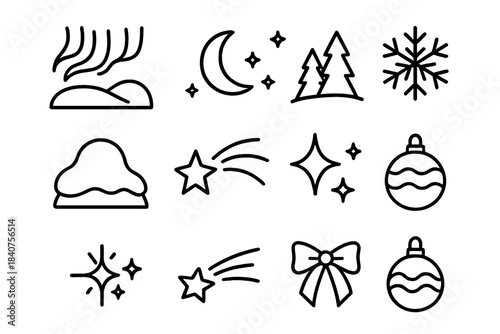 Aurora Borealis Icon Set. Winter Night Sky with Aurora Borealis. Line outline icon set of Winter Night Sky