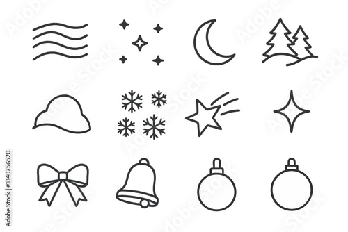 Christmas Aurora Icons. Christmas Night Aurora. Line outline icon set of Christmas Night Aurora: aurora waves,