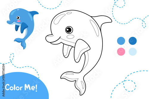 Cute Cartoon Dolphin Coloring Page for Kids, Printable Vector Worksheet, Simple Line Art Sea Creature Illustration for Children’s Activities and Education.
