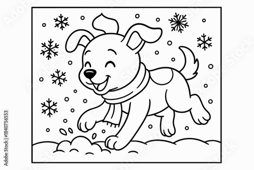 Winter Puppy Fun. Winter playtime pup children?s coloring book illustration, outlined drawing, dog leaping and